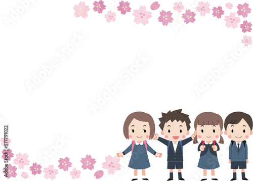 桜と小学生のフレーム素材イラスト