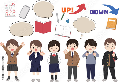 学生と吹き出し・勉強道具のイラスト素材セット　主線なし