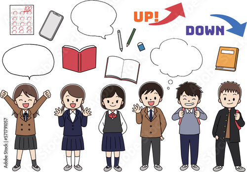 学生と吹き出し・勉強道具のイラスト素材セット　主線あり