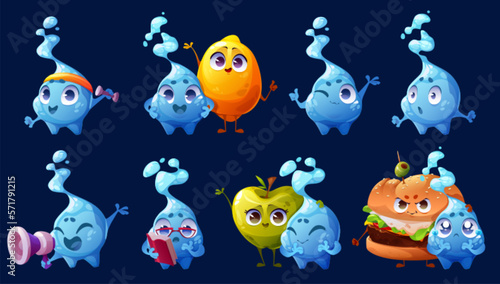 Cute water drop mascot. Funny rain aqua drop character smile, sad, surprised, with dumbbell, healthy food, burger, megaphone and book, vector cartoon set isolated on background