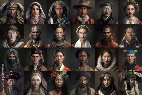 Collage collection of 24 faces of people of different nationalities in traditional costumes. Asians, Arabs, Caucasians, Africans and other nationalities. Photorealistic illustration generative AI.
