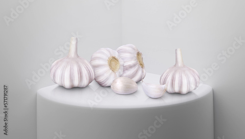 Garlic on white interior For product display or exhibition 3D rendering