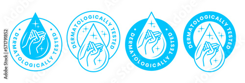 Set dermatologically tested vector label with water drop, leaf and hand logo. Dermatology test and dermatologist clinically proven icon for allergy free and healthy safe product package tag.