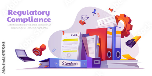 Regulatory compliance, business policies and company rules. Legal guidelines and standards banner with paper documents and folders, vector cartoon illustration