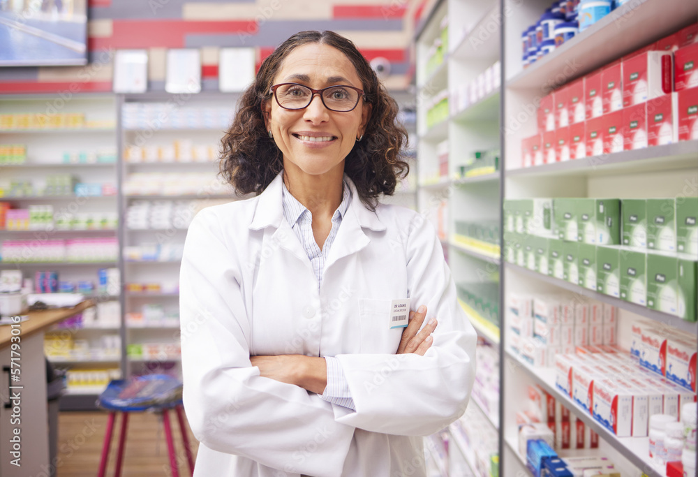Pharmacy stock, medicine shelf and portrait of a woman pharmacist ready for work. Pharmaceutical store, retail inventory and healthcare drug shelves with a happy employee feeling proud of dispensary