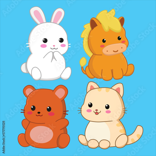 cute animal rabbit or bunny, pony or horse, bear and cat set Template