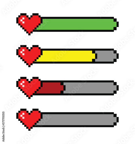 Pixel heart life bar set vector illustration. Heart in 8 bit style. Pixel game icons in retro style.