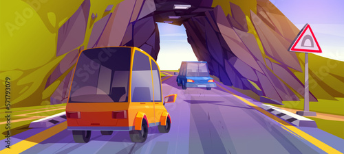 Two car ride tunnel road with warning sign vector cartoon landscape. Highway through nature corridor path in summer. Trip route with mountain view. Underground construction to drive vehicle near hill