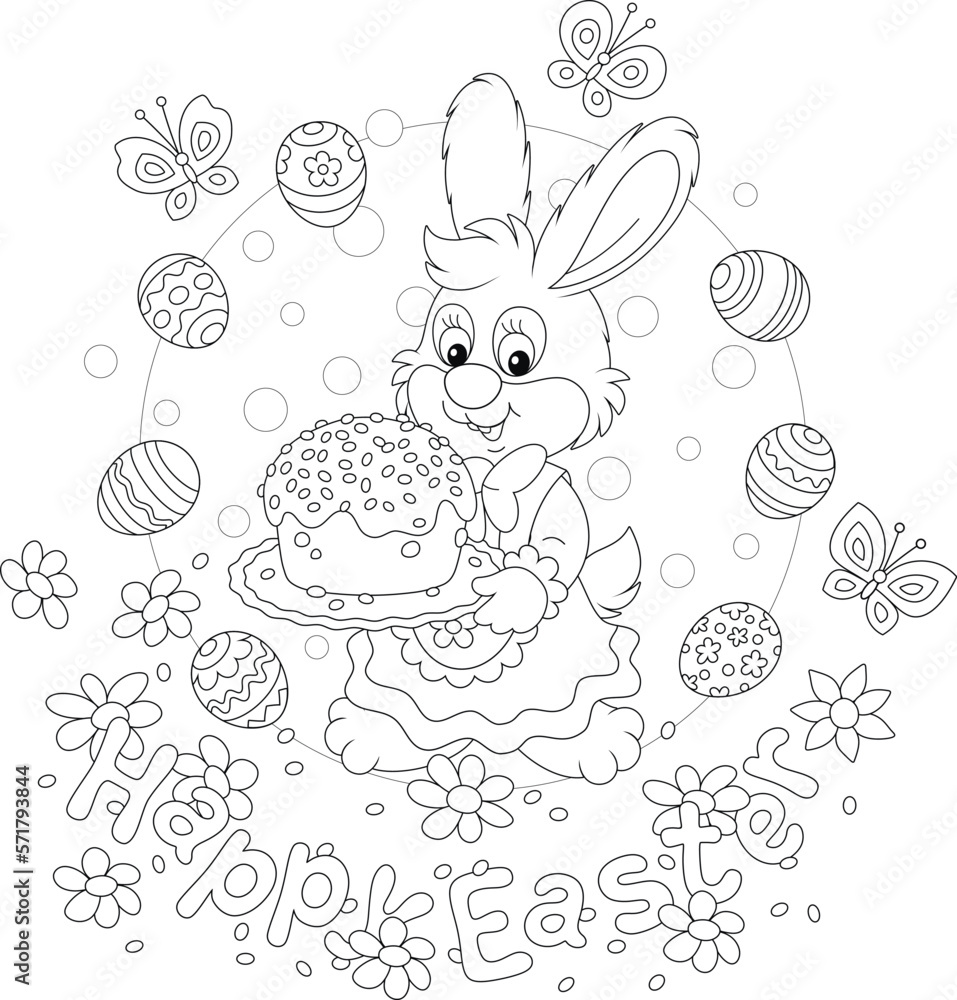 Easter card with a happy little bunny holding a fancy holiday cake with sugar icing and sweets, decorated gift eggs, spring flowers and merry fluttering butterflies, black and white vector cartoon Easter card with a happy little bunny holding a fancy holiday cake with sugar icing and sweets, decorated gift eggs, spring flowers and merry fluttering butterflies, black and white vector cartoon