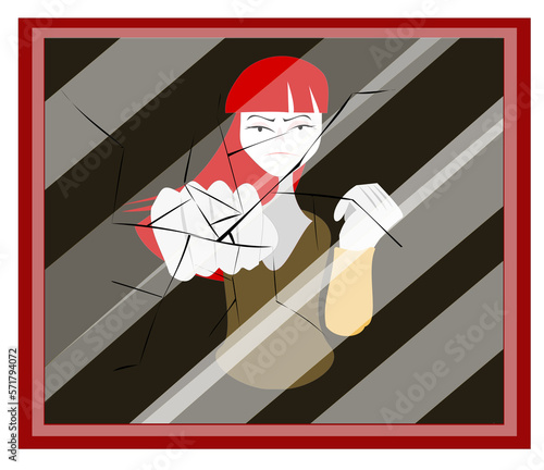 Illustration female character love myself concept .Women are locked in the mirror.It means imprisonment, freedom, expression and identity.
woman Day.girl is punching the the glass until it's broken.