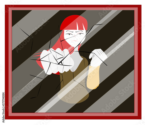 Illustration female character love myself concept .Women are locked in the mirror.It means imprisonment, freedom, expression and identity.
woman Day.girl is punching the the glass until it's broken.