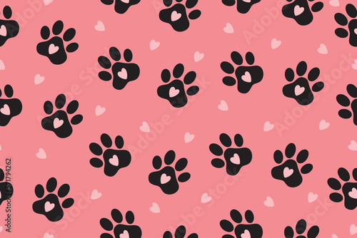 Background with animal paw prints. Vector illustration on pink background