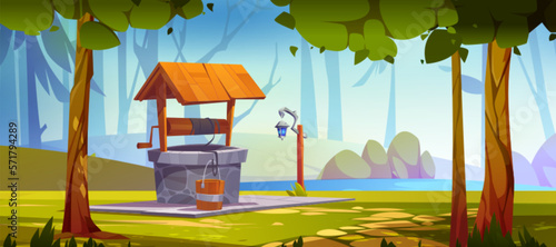 Forest landscape with water well with bucket, bushes, trees and lake. Fairytale scene with old stone well and lantern on river shore in woods, vector cartoon illustration