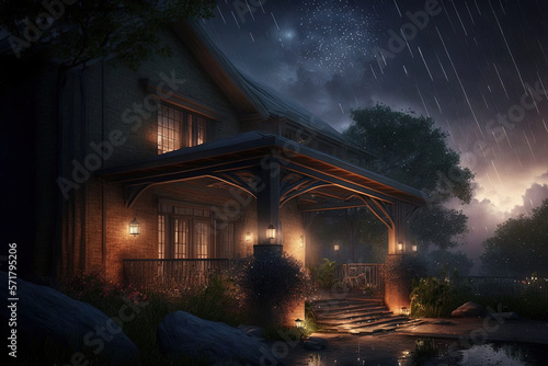 Fantasy night landscape with architecture and meteor shower. AI © MiaStendal