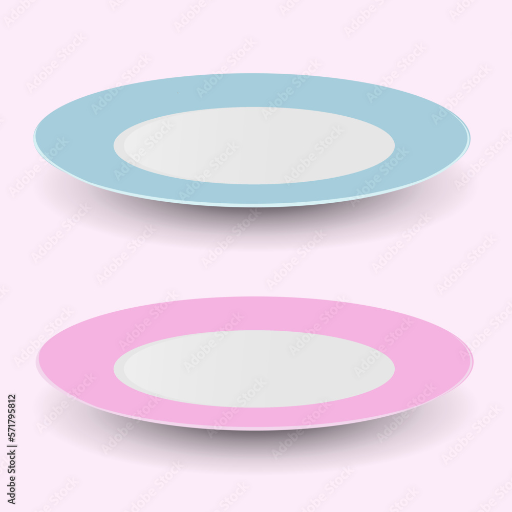 Pink and blue plate in a flat style on a pink background. Pink and blue plate in a flat style on a pink background.