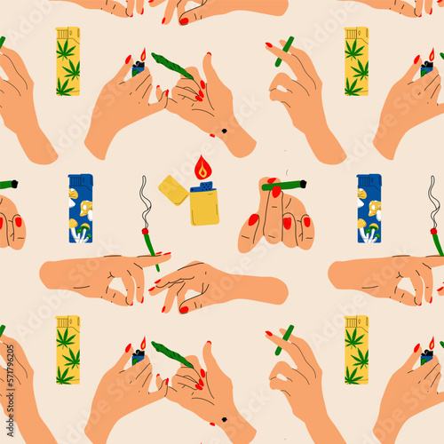 Seamless Pattern with Hands holding a lighter and a cigarette. Vector in cartoon style.