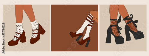 Set of Female legs in stylish shoes with heels and lace socks. Fashion and style, clothing and accessories. Footwear. Vector illustration for a postcard or a poster, print for clothes. Vintage and ret