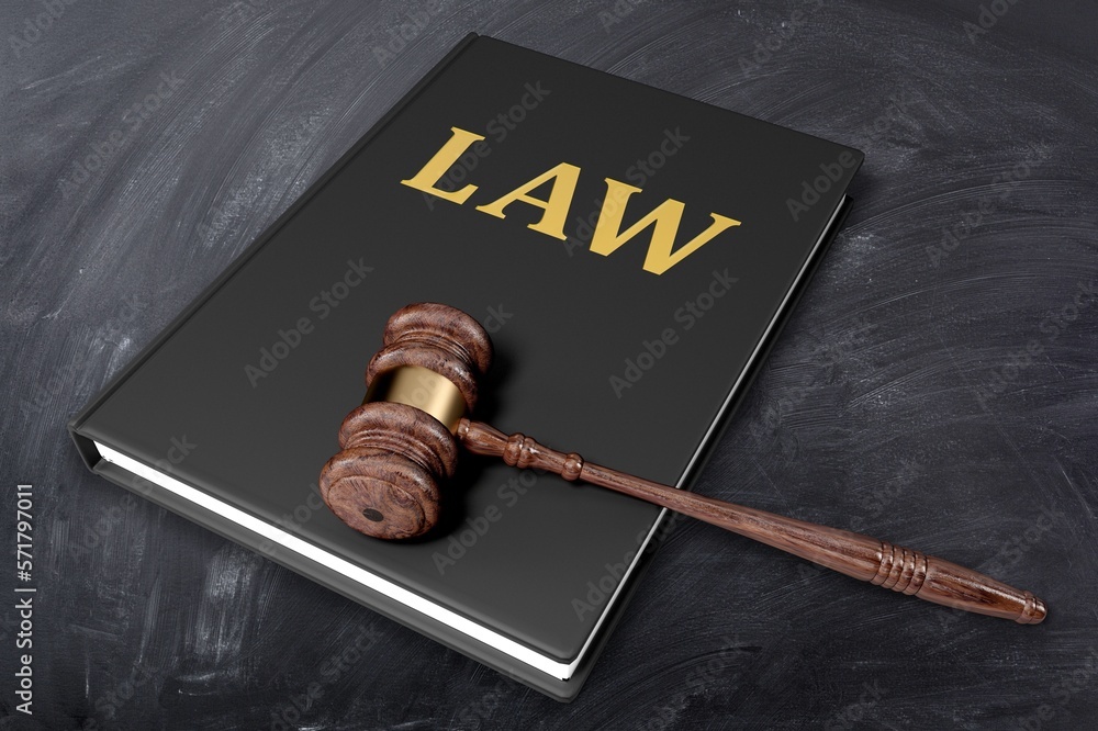 Law book and wooden gavel on desk