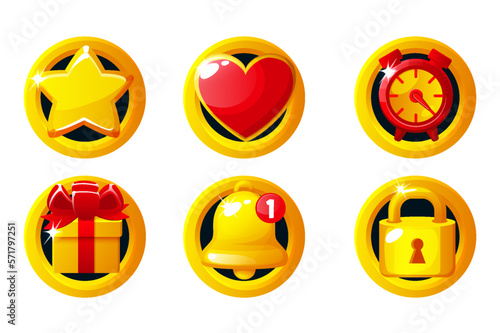 Set of golden game icons- star, heart, clock, gift box, bell and lock. Game App Icons