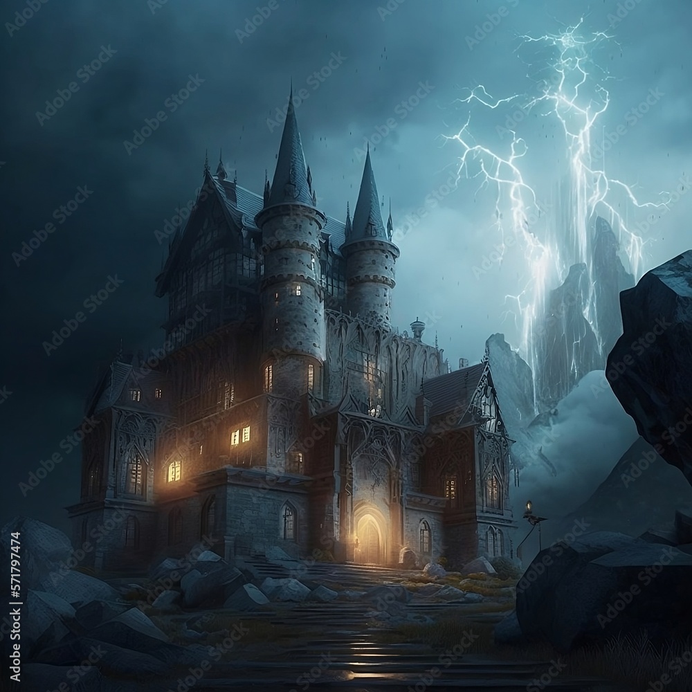 Fantasy haunted house in the mountains with lightning