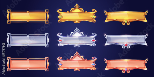 Medieval bronze game button. Isolated fantasy interface title. Metal border with gem vector design. Ancient rectangle rank panel. Cartoon long blank board for mobile app or web banner.
