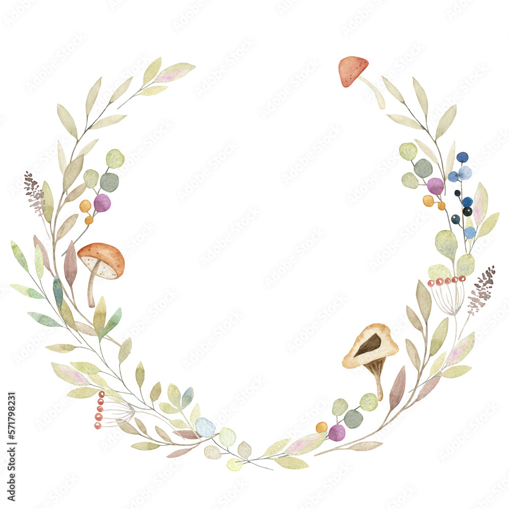 Watercolor hand painted round wreath