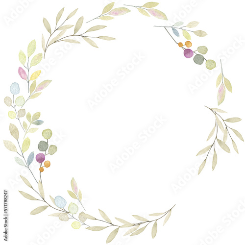 Watercolor tiny details delicate colors round wreath. Hand painted abstract greenery
