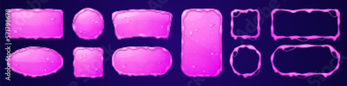 Slime name plate kit for game ui. Pink phlegm texture square and circle avatar frame isolated vector set. Slimyt button with liquid drop design asset for web interface. Goo sign tag with border.