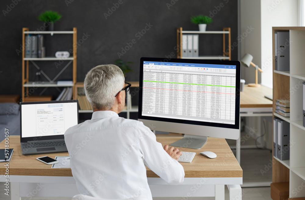 Senior male accountant working in the office. Back view of a senior man ...