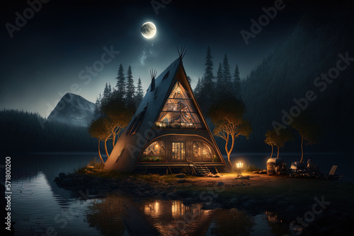 Fantasy night landscape  a small country house on the banks of the river  night lights  a big moon. AI