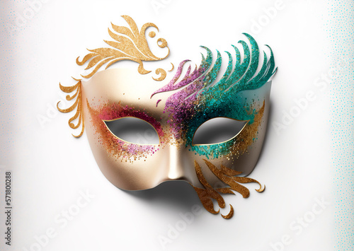 Carnival mask and glitters on white background
