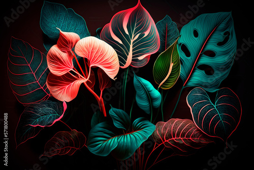 neon tropical anthurium leaves, ai generative