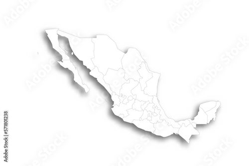 Mexico political map of administrative divisions - states and Mexico City. Flat white blank map with thin black outline and dropped shadow.