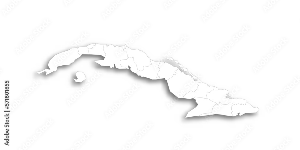 Cuba political map of administrative divisions - provinces. Flat white blank map with thin black outline and dropped shadow.