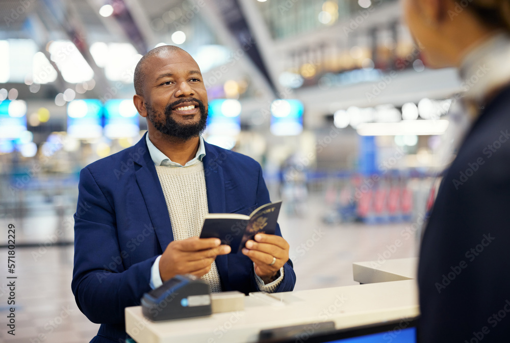 Black man, passport and airport desk for travel, security and identity for global transportation service. African businessman, documents and concierge for consultation on international transportation
