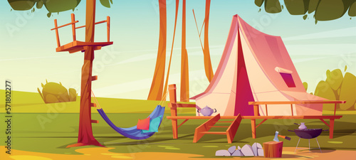 Cartoon camp with tent and hammock, grill. Vector illustration of green natural landscape with stones, green grass and trees, equipment for outdoor picnic. Glamping leisure activity for weekend