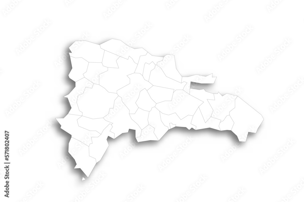 Dominican Republic political map of administrative divisions - provinces and national district. Flat white blank map with thin black outline and dropped shadow.