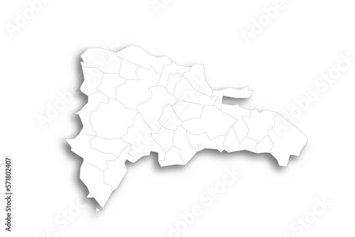 Dominican Republic political map of administrative divisions - provinces and national district. Flat white blank map with thin black outline and dropped shadow.