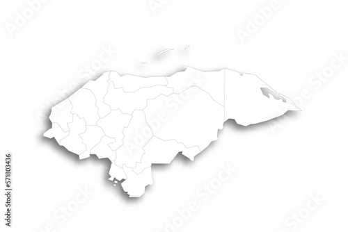Honduras political map of administrative divisions - departments. Flat white blank map with thin black outline and dropped shadow.