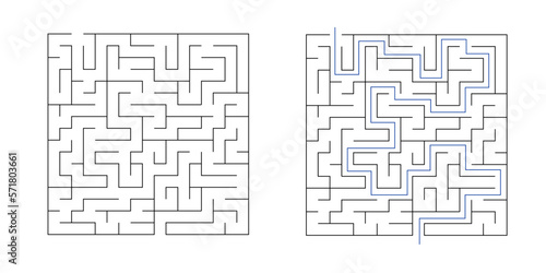 Labyrinth maze game vector illustration with solution. Find right way, simple logic game. Puzzle for kids.