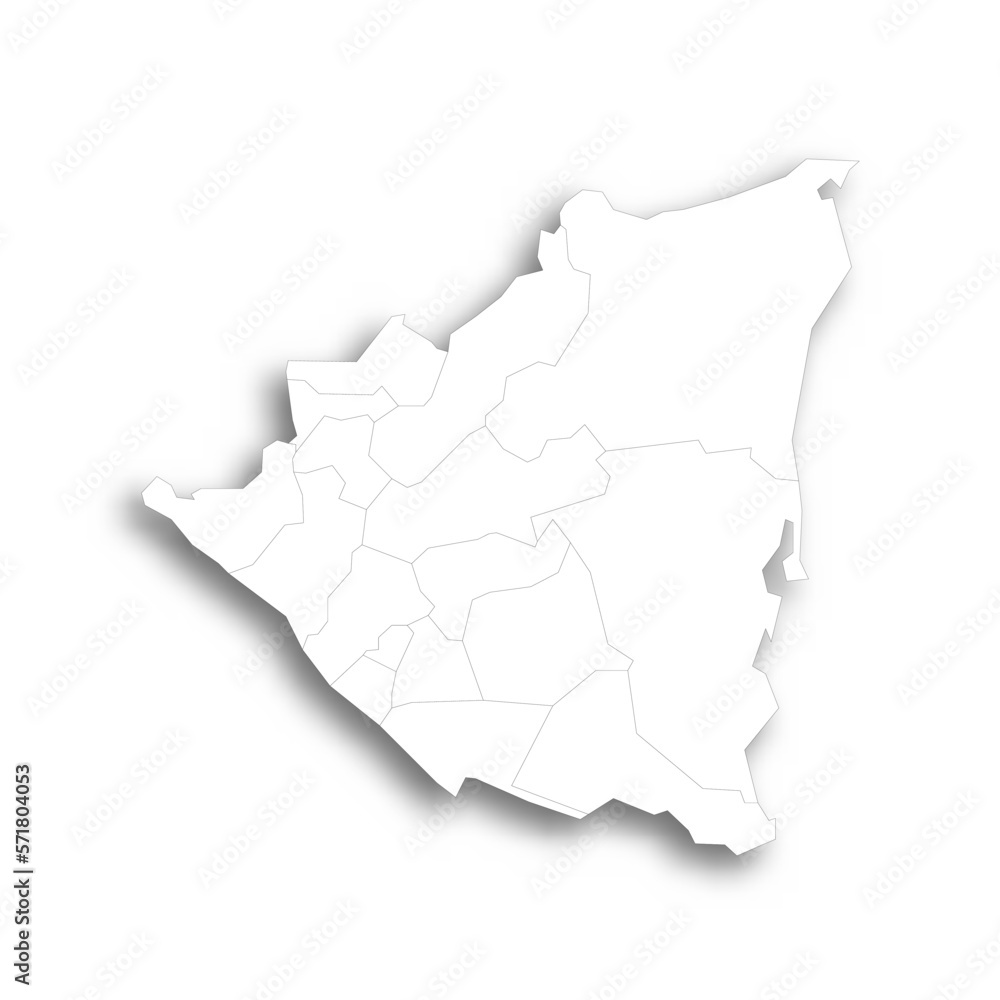 Nicaragua political map of administrative divisions - departments and autonomous regions. Flat white blank map with thin black outline and dropped shadow.