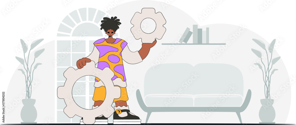Gorgeous guy holds gears in his hands. Idea theme. Retro trendy style. Gorgeous guy holds gears in his hands. Idea theme. Retro trendy style.