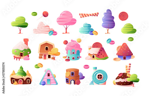 Cartoon candy city set. Fairytale houses with sweet trees bushes lollipops, cute kids fantasy fairy town with decorative sugar elements. Vector collection. Delicious confectionery, childish buildings