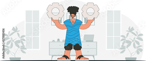 A handsome guy holds gears in his hands. Idea concept. trendy character.