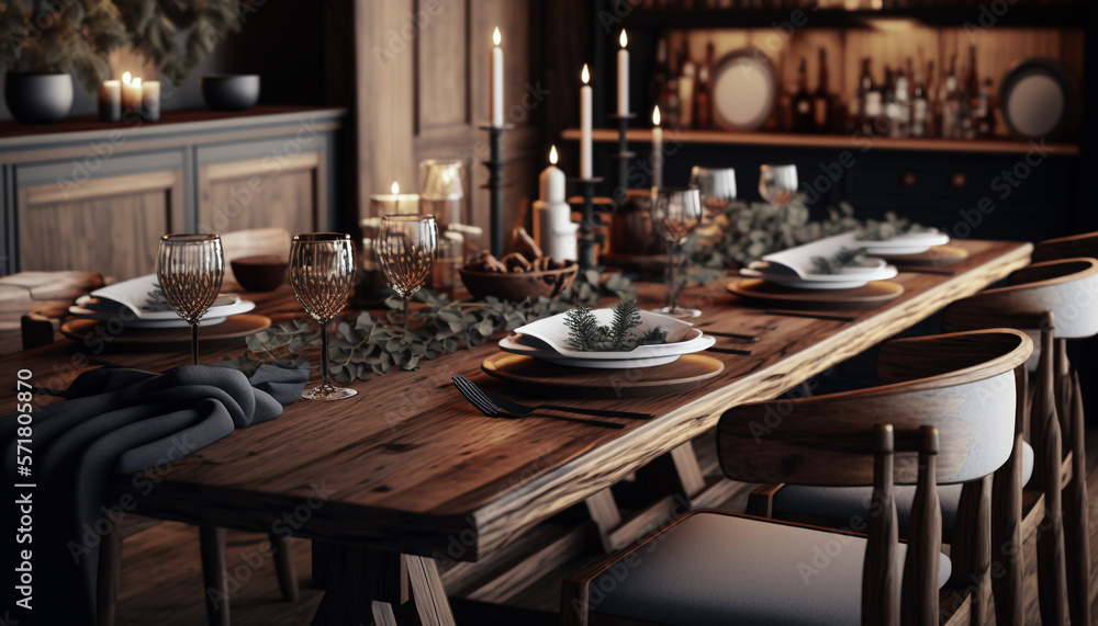 Wood dining room. Generative AI Wood dining room. Generative AI