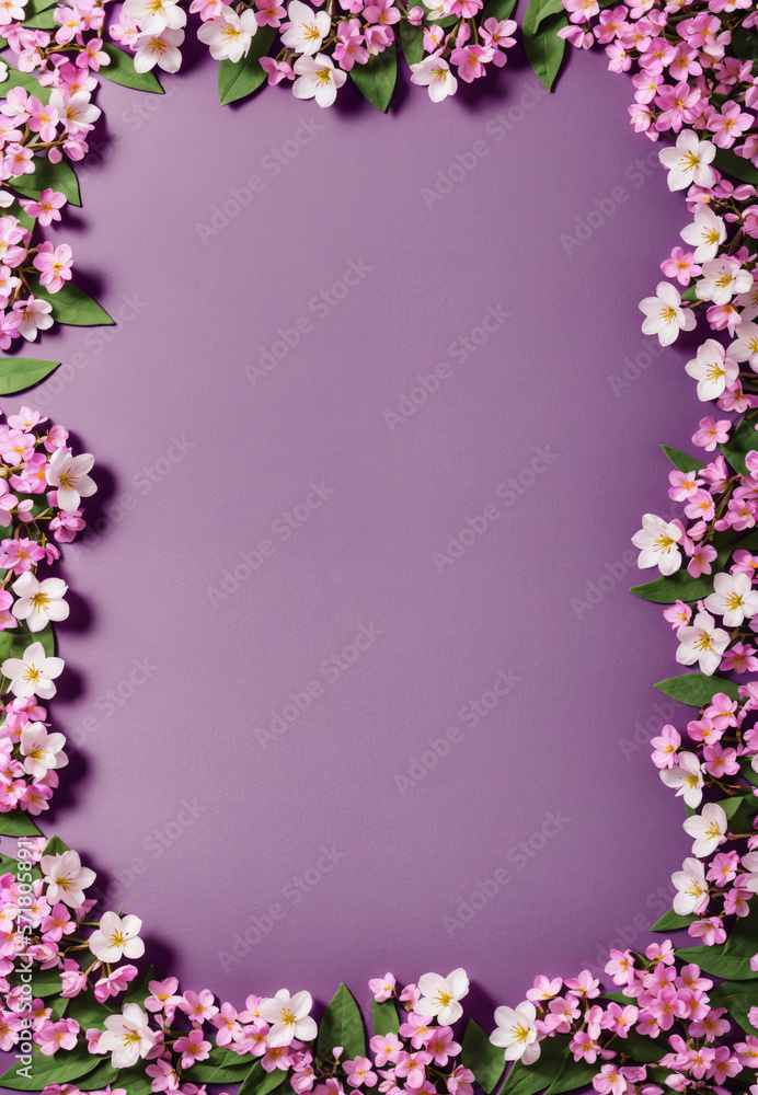 Spring flowers and blossoms framing a violet colored background. Large copy space. Generative AI Spring flowers and blossoms framing a violet colored background. Large copy space. Generative AI
