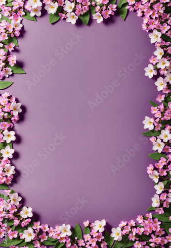 Spring flowers and blossoms framing a violet colored background. Large copy space. Generative AI
