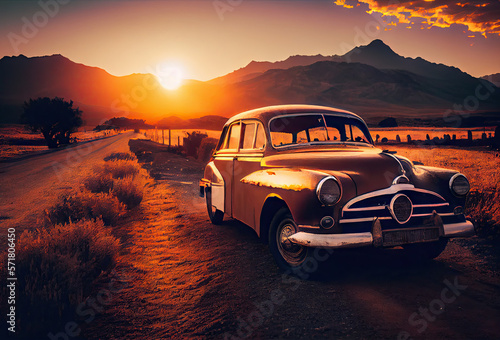 Vintage car on the countryside road at sunset created with AI