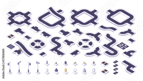 Isometric road elements. City highway constructor segments and road direction warning signs, transport route paths pavement, urban map kit. Vector set. Traffic light, guidepost and markings