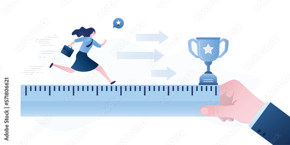 Distance to success. Big hand of boss holds large ruler along which an ambitious female employee runs. Measuring distance from start to finish. Career ladder.
